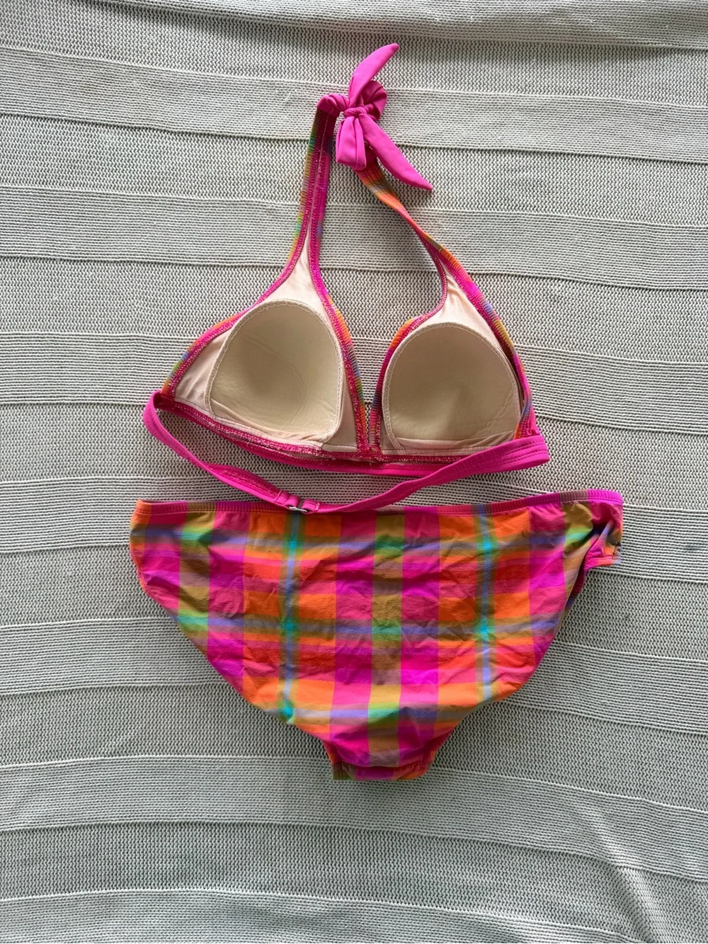 Vintage y2k summer beach Women’s Halter Bikini Set in Bright Pink Plaid